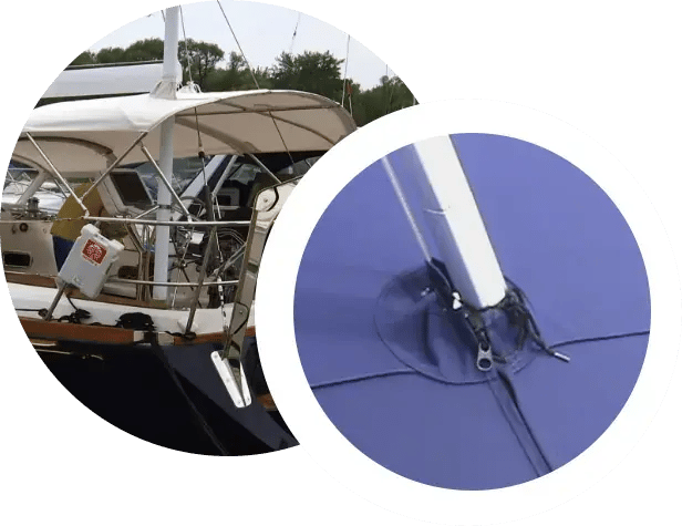 collage of boat and where to connect post for sail