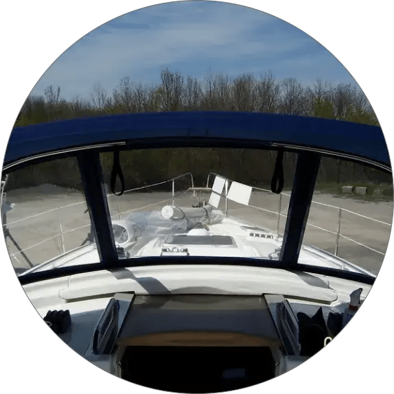 front of boat with dodger